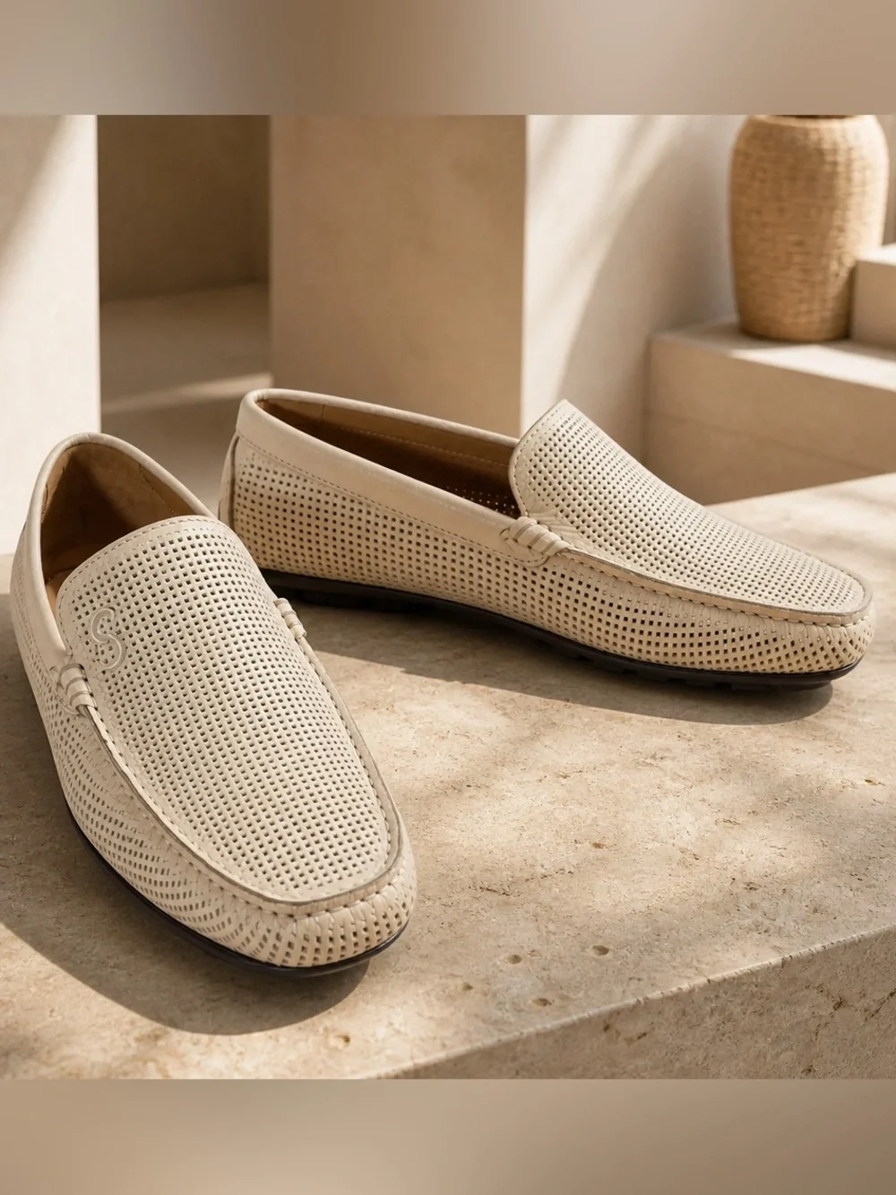 Casadei Men's Off-White Perforated Leather Slip-On Comfort Summer Loafers